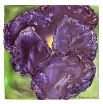 Dark violet pansy II, 2011, Acrylic and tissue paper on canvas, 20"x20". Copyright Rebe Banasiak, The Brush Hilt and Banasiak Art Gallery.